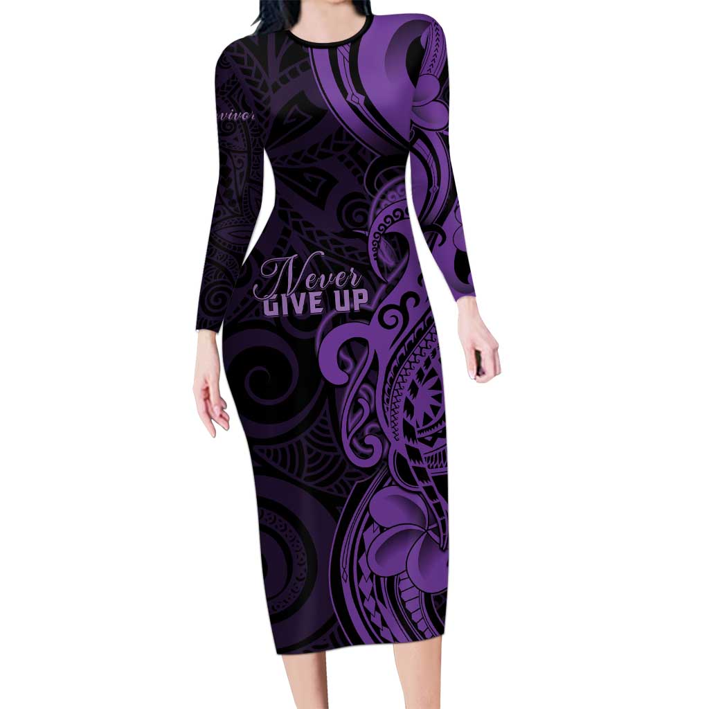 Personalised Lupus Warrior Long Sleeve Bodycon Dress Never Give Up Polynesian Style LT05 Long Dress Purple - Polynesian Pride