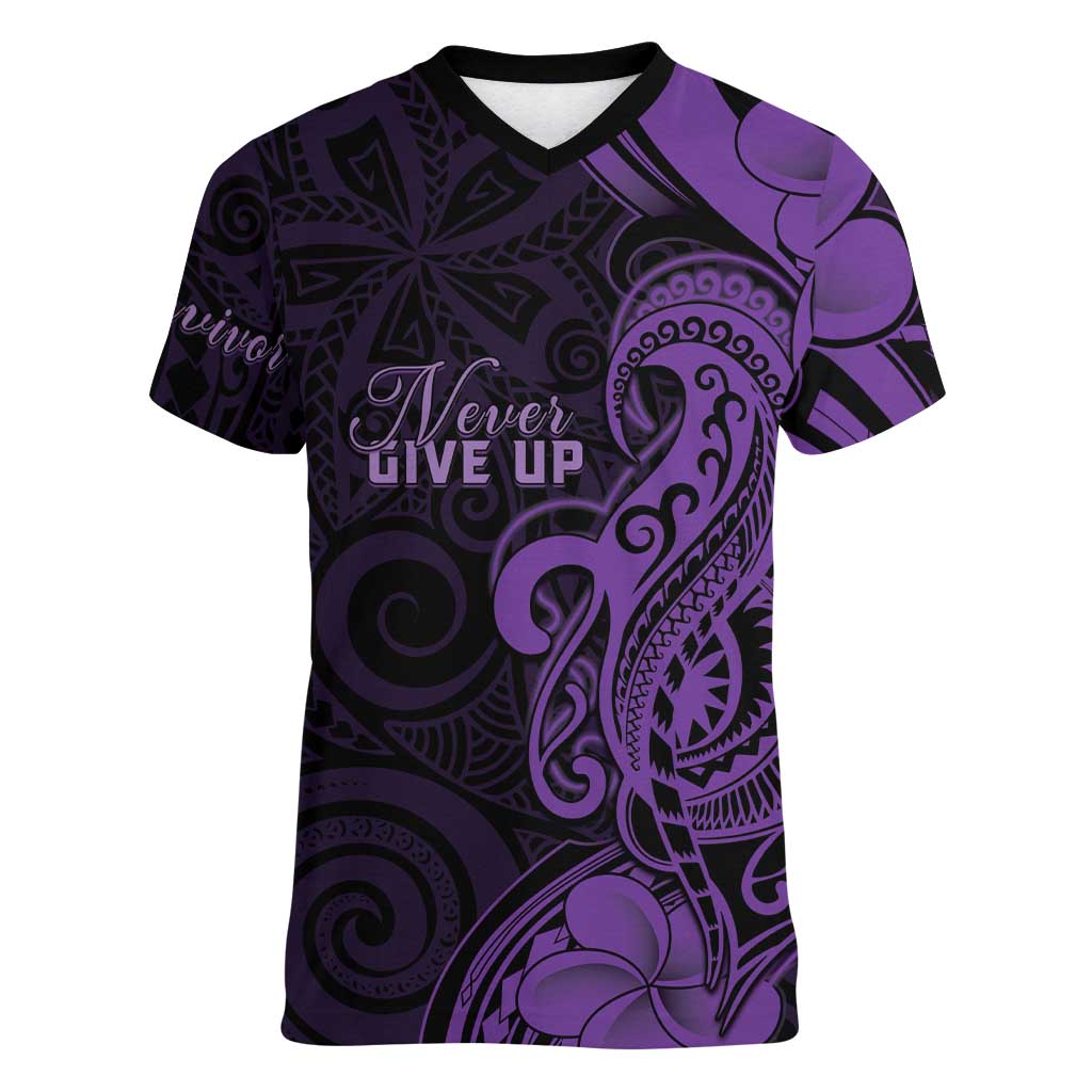 Personalised Lupus Warrior Women V-Neck T-Shirt Never Give Up Polynesian Style