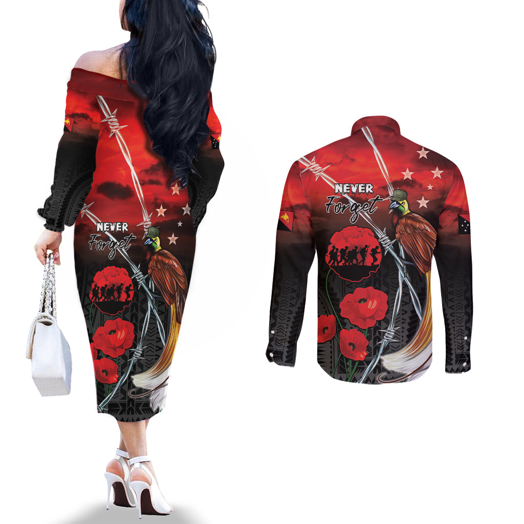 Papua New Guinea Remembrance Day Couples Matching Off The Shoulder Long Sleeve Dress and Long Sleeve Button Shirt Lest We Forget
