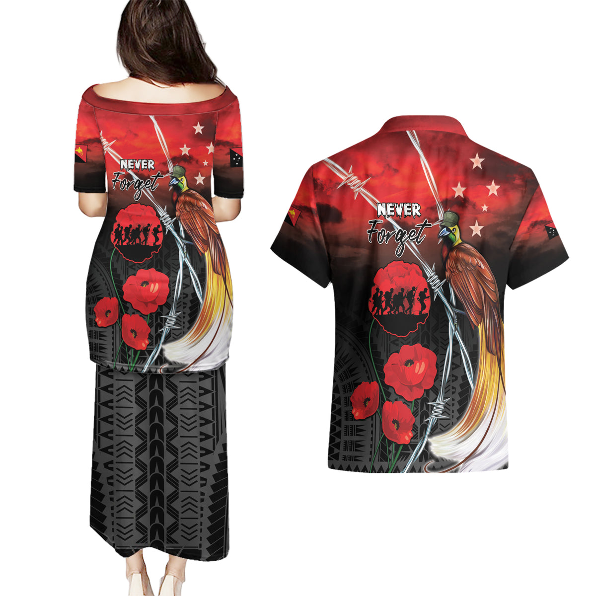 Papua New Guinea Remembrance Day Couples Matching Puletasi and Hawaiian Shirt Lest We Forget