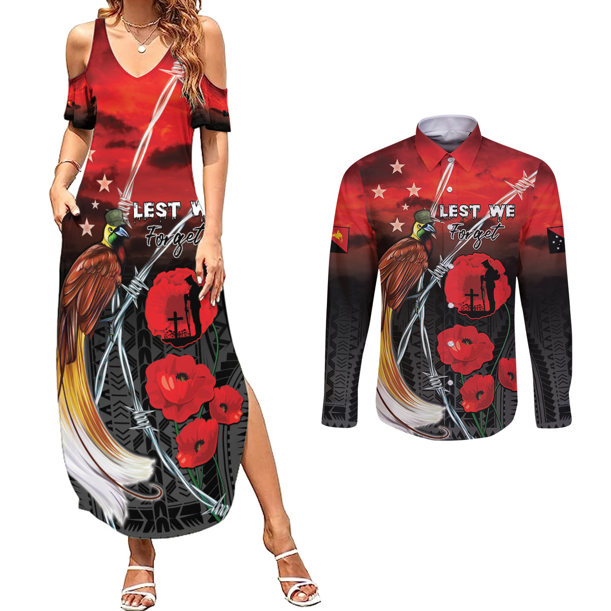 Papua New Guinea Remembrance Day Couples Matching Summer Maxi Dress and Long Sleeve Button Shirt Lest We Forget