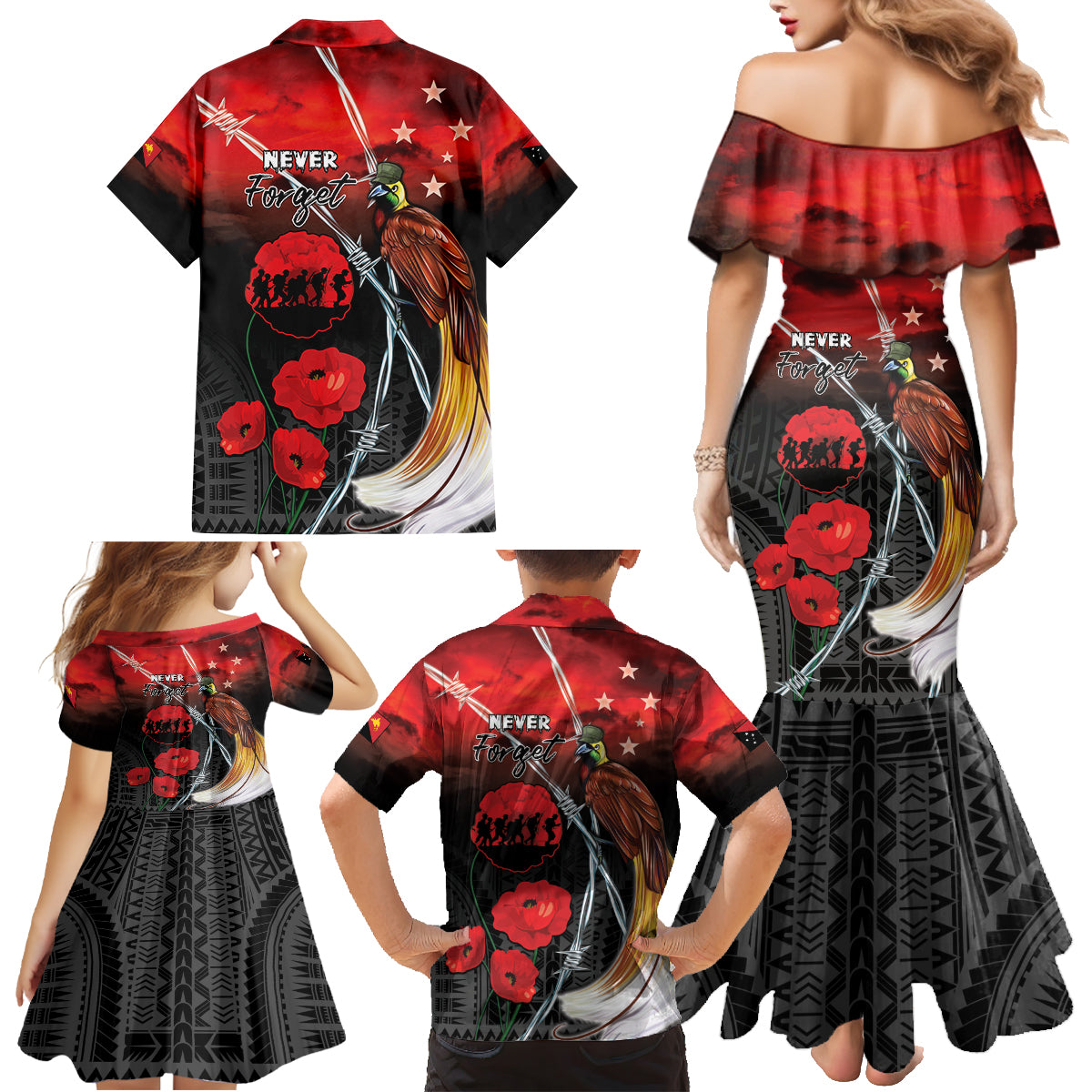 Papua New Guinea Remembrance Day Family Matching Mermaid Dress and Hawaiian Shirt Lest We Forget