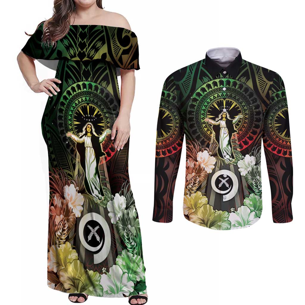Vanuatu Happy Assumption Day Couples Matching Off Shoulder Maxi Dress and Long Sleeve Button Shirt