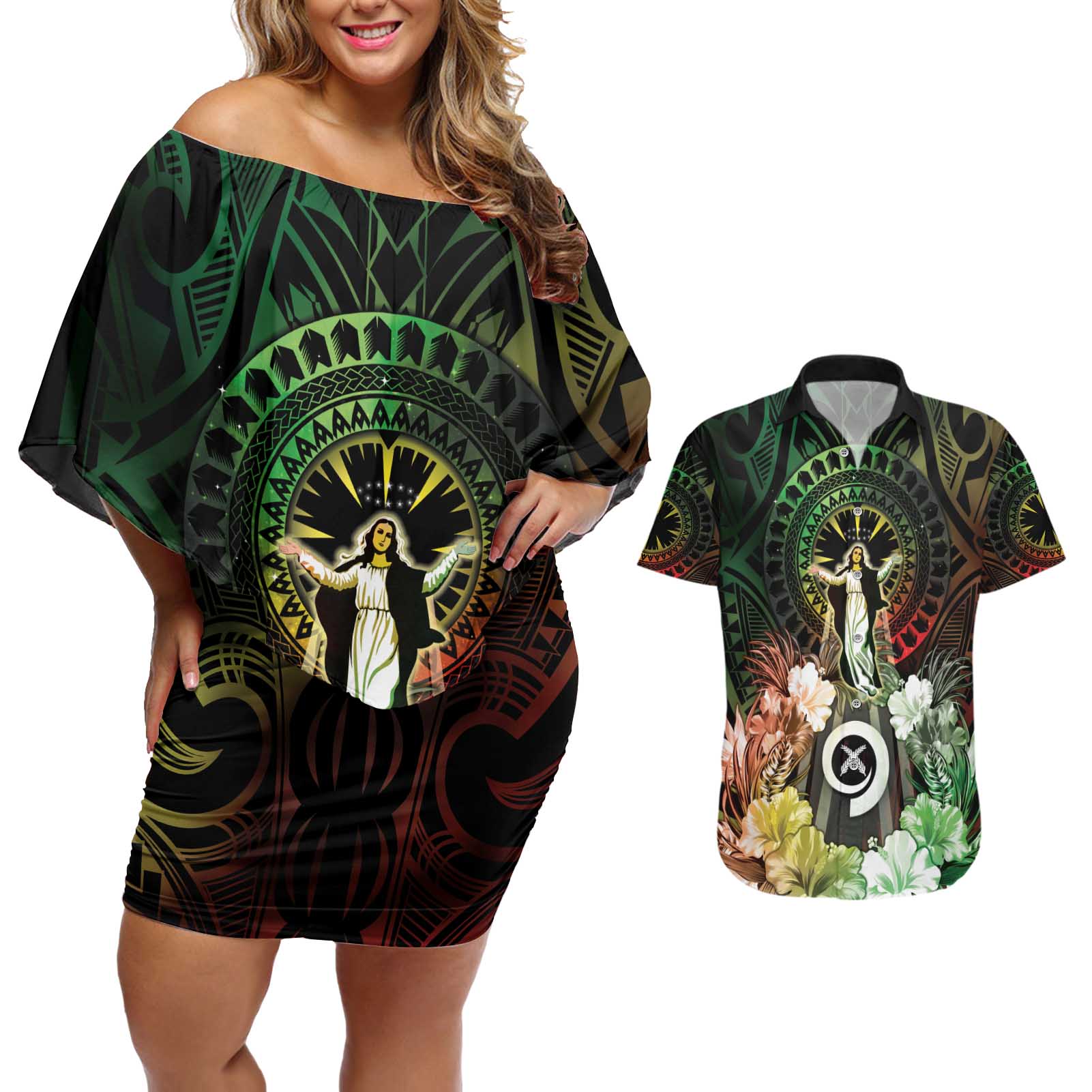 Vanuatu Happy Assumption Day Couples Matching Off Shoulder Short Dress and Hawaiian Shirt