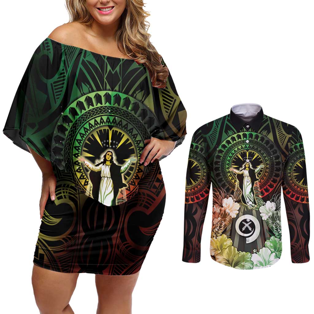 Vanuatu Happy Assumption Day Couples Matching Off Shoulder Short Dress and Long Sleeve Button Shirt