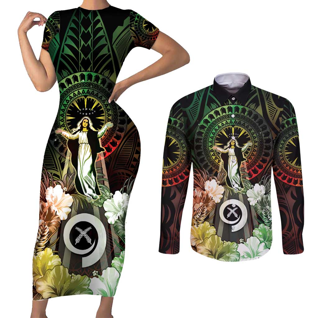 Vanuatu Happy Assumption Day Couples Matching Short Sleeve Bodycon Dress and Long Sleeve Button Shirt
