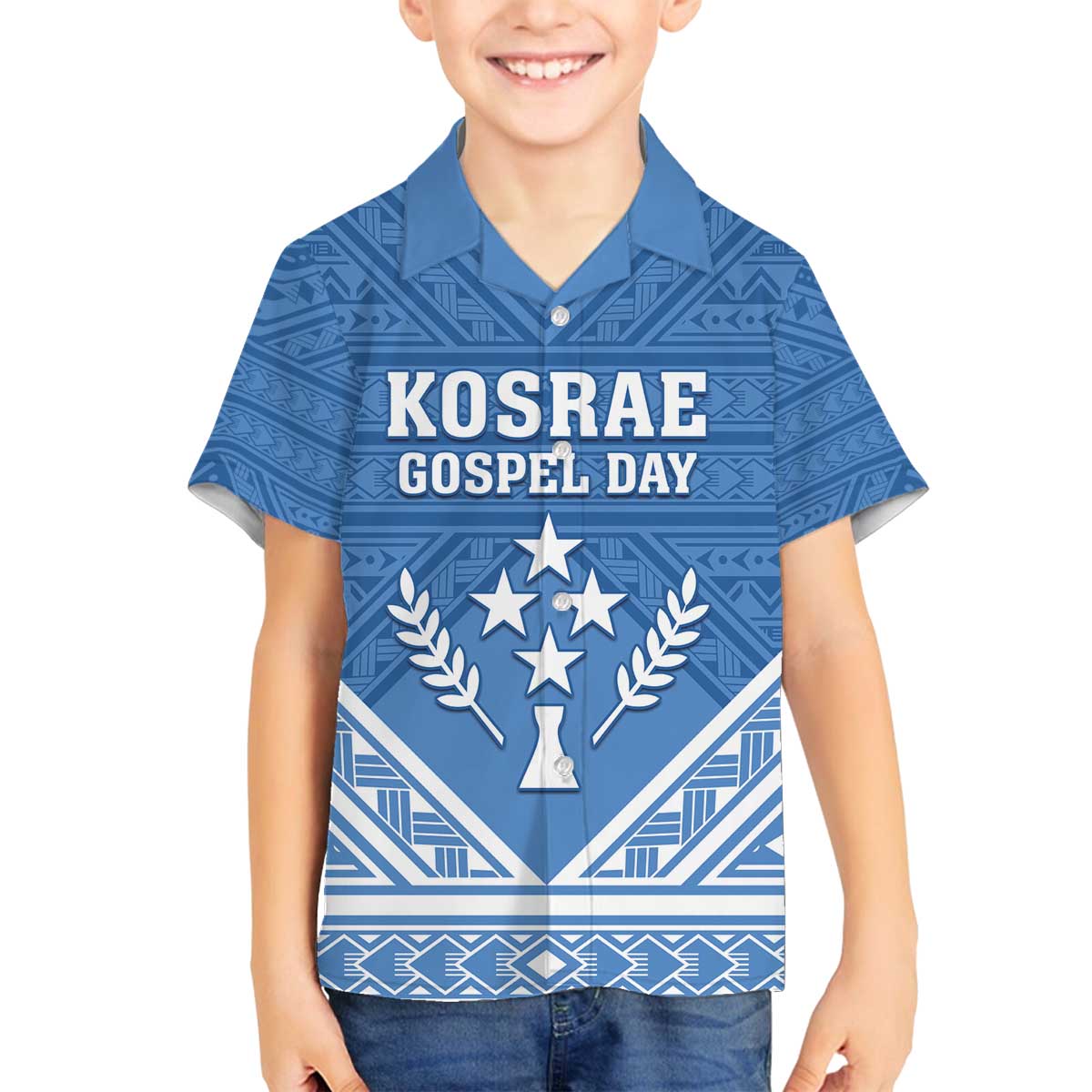 Personalised Kosrae State Gospel Day Family Matching Off Shoulder Short Dress and Hawaiian Shirt Simple Style