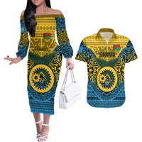 Personalized Vanuatu Sanma Province Couples Matching Off The Shoulder Long Sleeve Dress and Hawaiian Shirt Coat Of Arms And Namele Fern Polynesian Pattern LT05 Yellow - Polynesian Pride