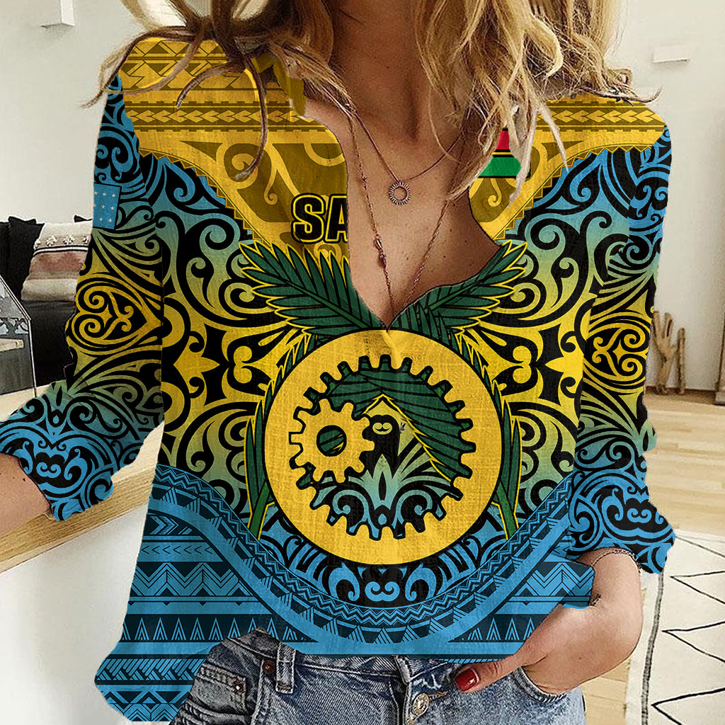 Personalized Vanuatu Sanma Province Women Casual Shirt Coat Of Arms And Namele Fern Polynesian Pattern LT05 Female Yellow - Polynesian Pride