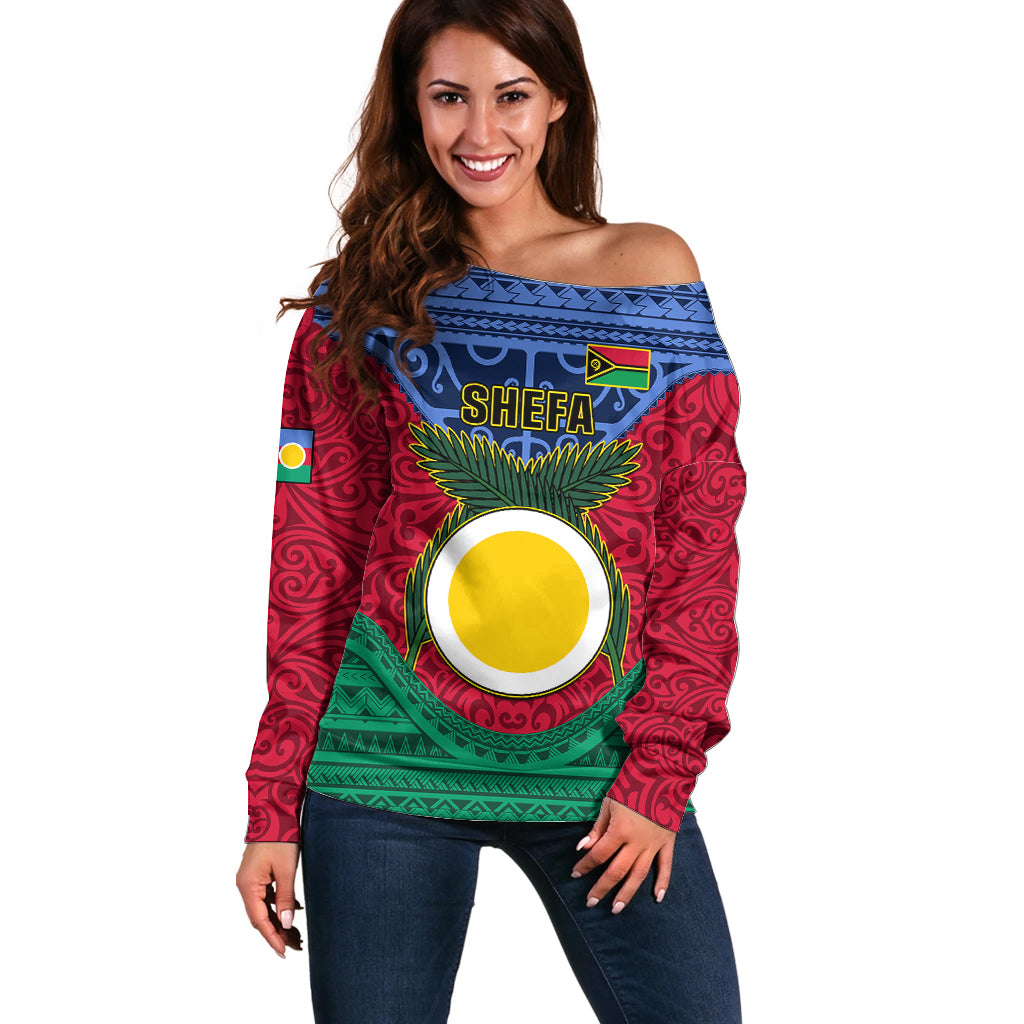 Personalized Vanuatu Shefa Province Off Shoulder Sweater Coat Of Arms And Namele Fern Polynesian Pattern LT05 Women Red - Polynesian Pride