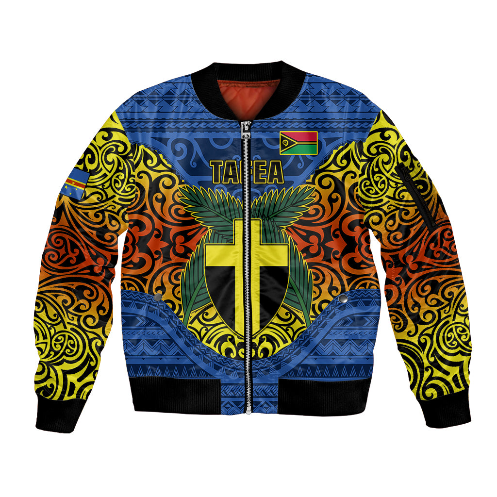 Vanuatu Tafea Province Sleeve Zip Bomber Jacket Coat Of Arms And Namele Fern Polynesian Pattern LT05 Unisex Blue - Polynesian Pride
