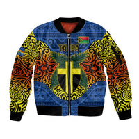 Vanuatu Tafea Province Sleeve Zip Bomber Jacket Coat Of Arms And Namele Fern Polynesian Pattern LT05 Unisex Blue - Polynesian Pride