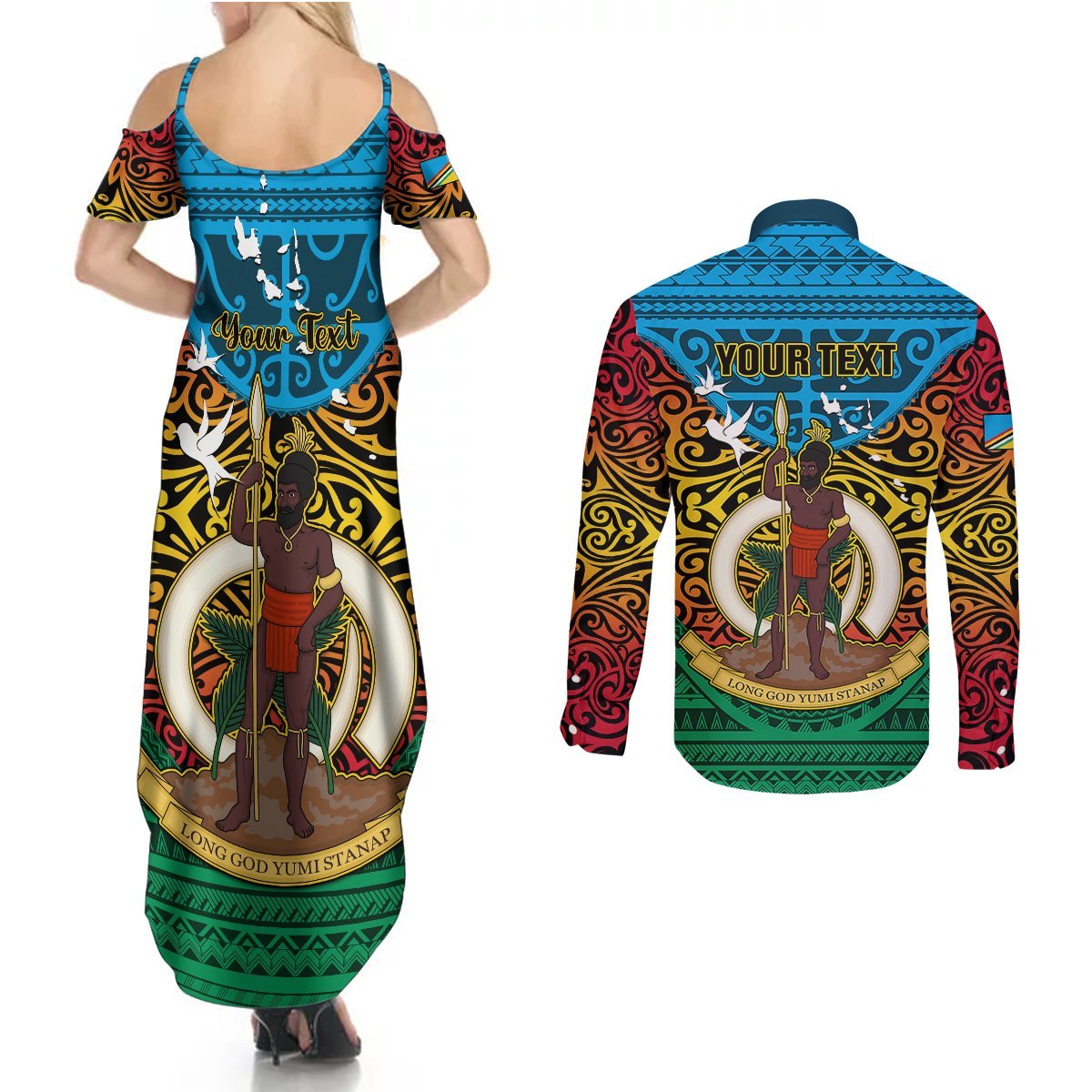 Personalized Vanuatu Torba Province Couples Matching Summer Maxi Dress and Long Sleeve Button Shirts Vanuatuan Coat Of Arms Polynesian Pattern LT05 - Polynesian Pride