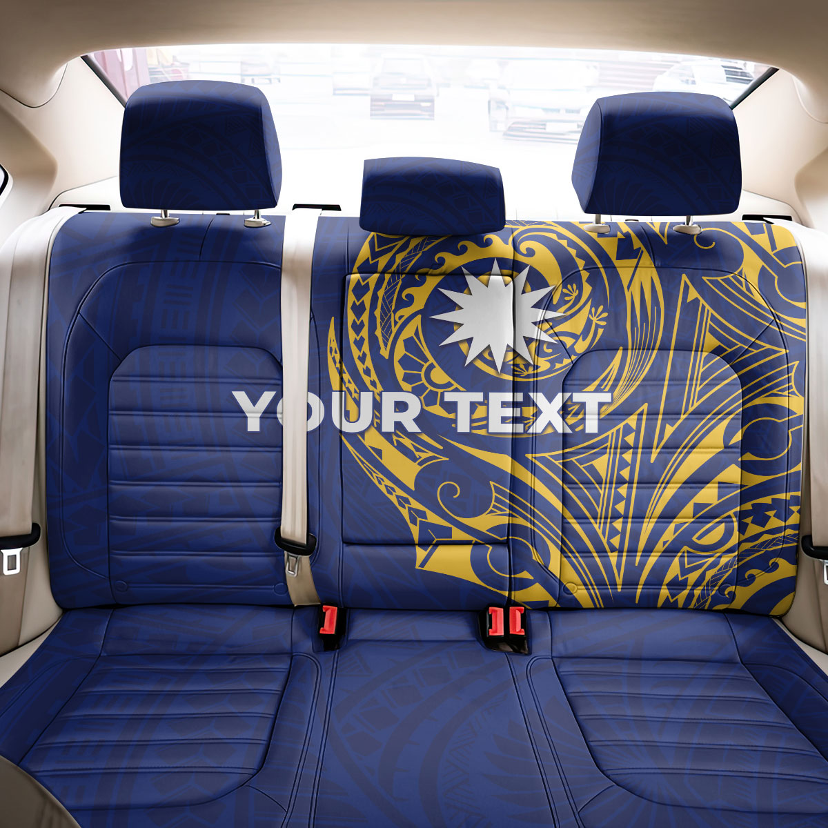Personalised Nauru Angam Day Back Car Seat Cover Gold Navy Tribal Pattern
