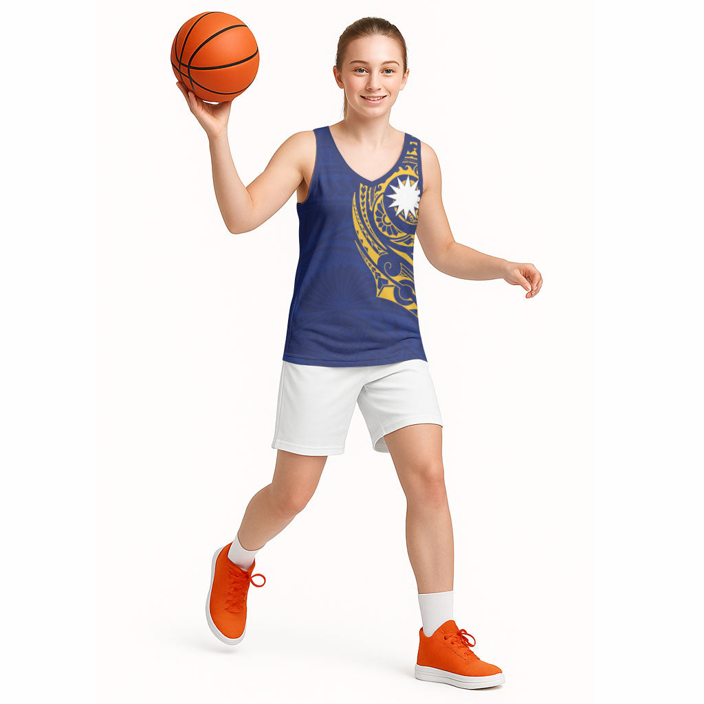 Personalised Nauru Angam Day Basketball Jersey Gold Navy Tribal Pattern