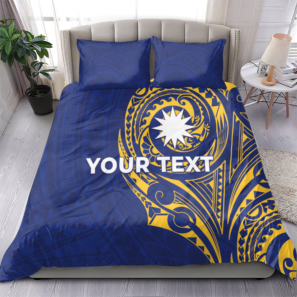 Personalised Nauru Angam Day Bedding Set Gold Navy Tribal Pattern