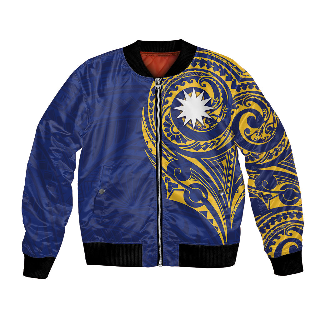 Personalised Nauru Angam Day Bomber Jacket Gold Navy Tribal Pattern