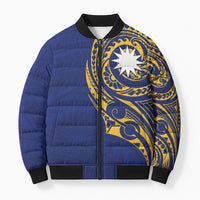 Personalised Nauru Angam Day Bomber Puffer Jacket Gold Navy Tribal Pattern