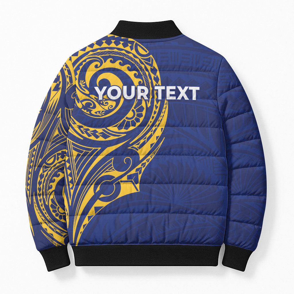 Personalised Nauru Angam Day Bomber Puffer Jacket Gold Navy Tribal Pattern
