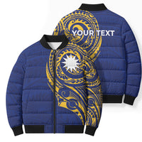 Personalised Nauru Angam Day Bomber Puffer Jacket Gold Navy Tribal Pattern