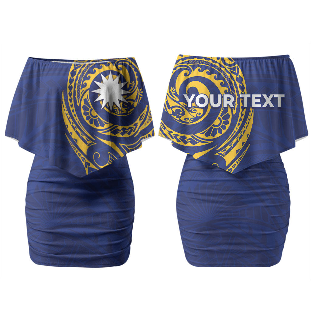 Personalised Nauru Angam Day Couples Matching Off Shoulder Short Dress and Long Sleeve Button Shirt Gold Navy Tribal Pattern
