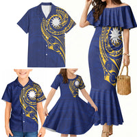 Personalised Nauru Angam Day Family Matching Mermaid Dress and Hawaiian Shirt Gold Navy Tribal Pattern