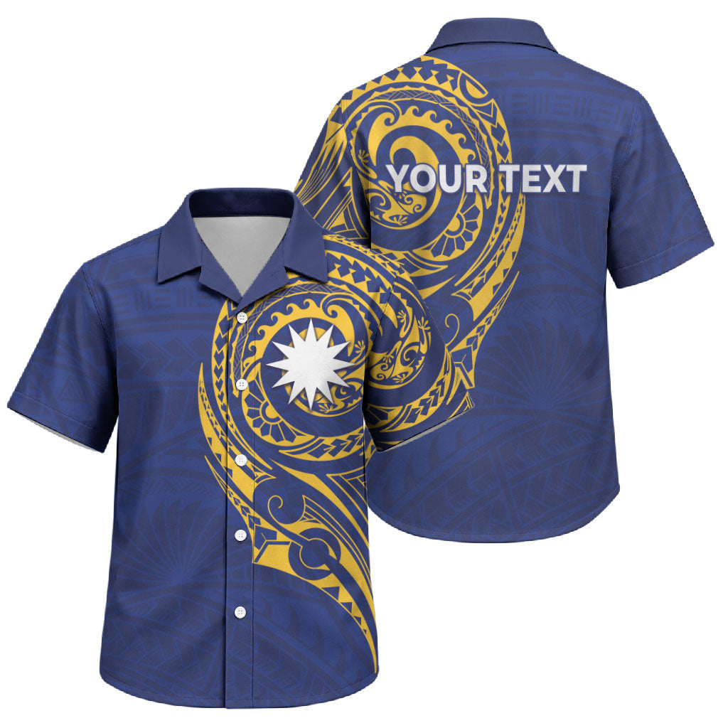 Personalised Nauru Angam Day Family Matching Mermaid Dress and Hawaiian Shirt Gold Navy Tribal Pattern
