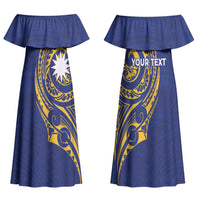 Personalised Nauru Angam Day Family Matching Off Shoulder Maxi Dress and Hawaiian Shirt Gold Navy Tribal Pattern