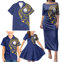 Personalised Nauru Angam Day Family Matching Puletasi and Hawaiian Shirt Gold Navy Tribal Pattern