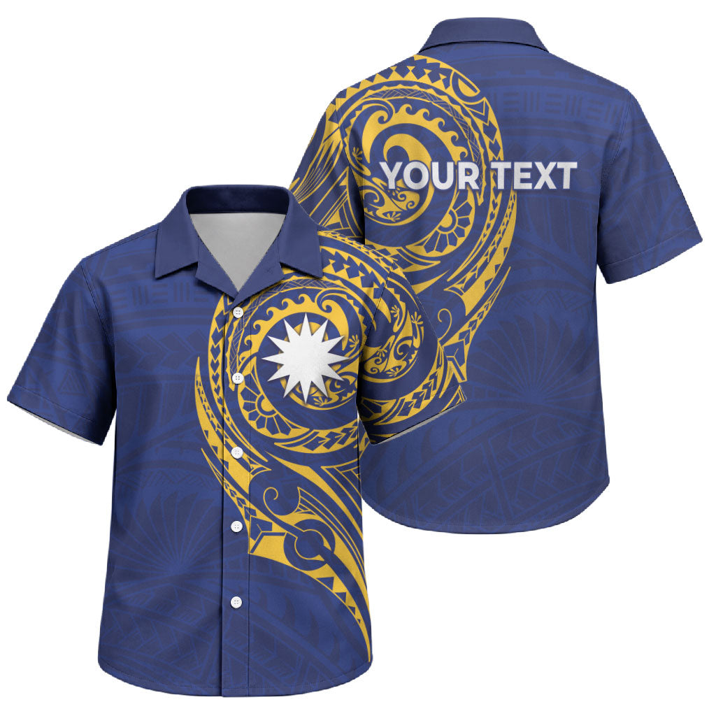 Personalised Nauru Angam Day Family Matching Tank Maxi Dress and Hawaiian Shirt Gold Navy Tribal Pattern