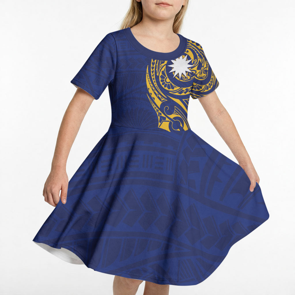 Personalised Nauru Angam Day Kid Short Sleeve Dress Gold Navy Tribal Pattern
