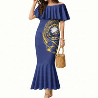 Personalised Nauru Angam Day Mermaid Dress Gold Navy Tribal Pattern