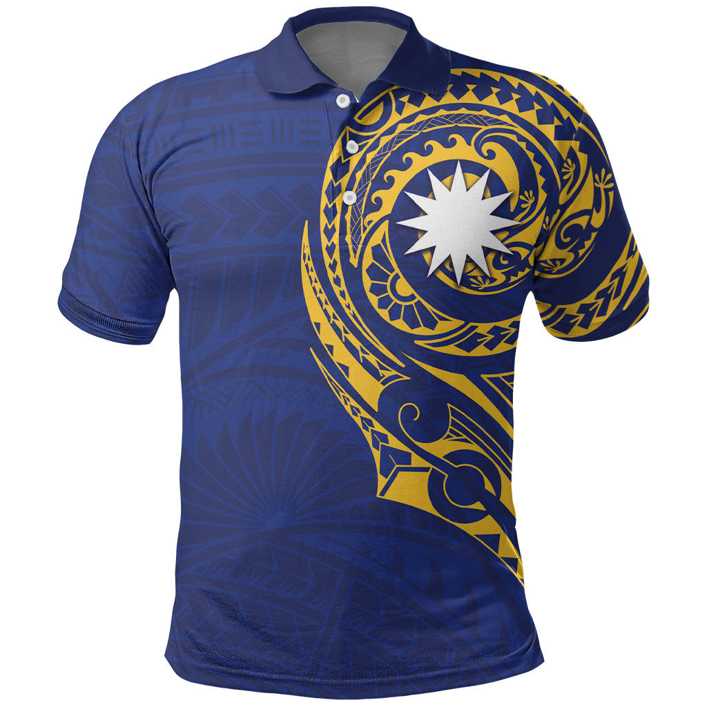 Personalised Nauru Angam Day Polo Shirt Gold Navy Tribal Pattern