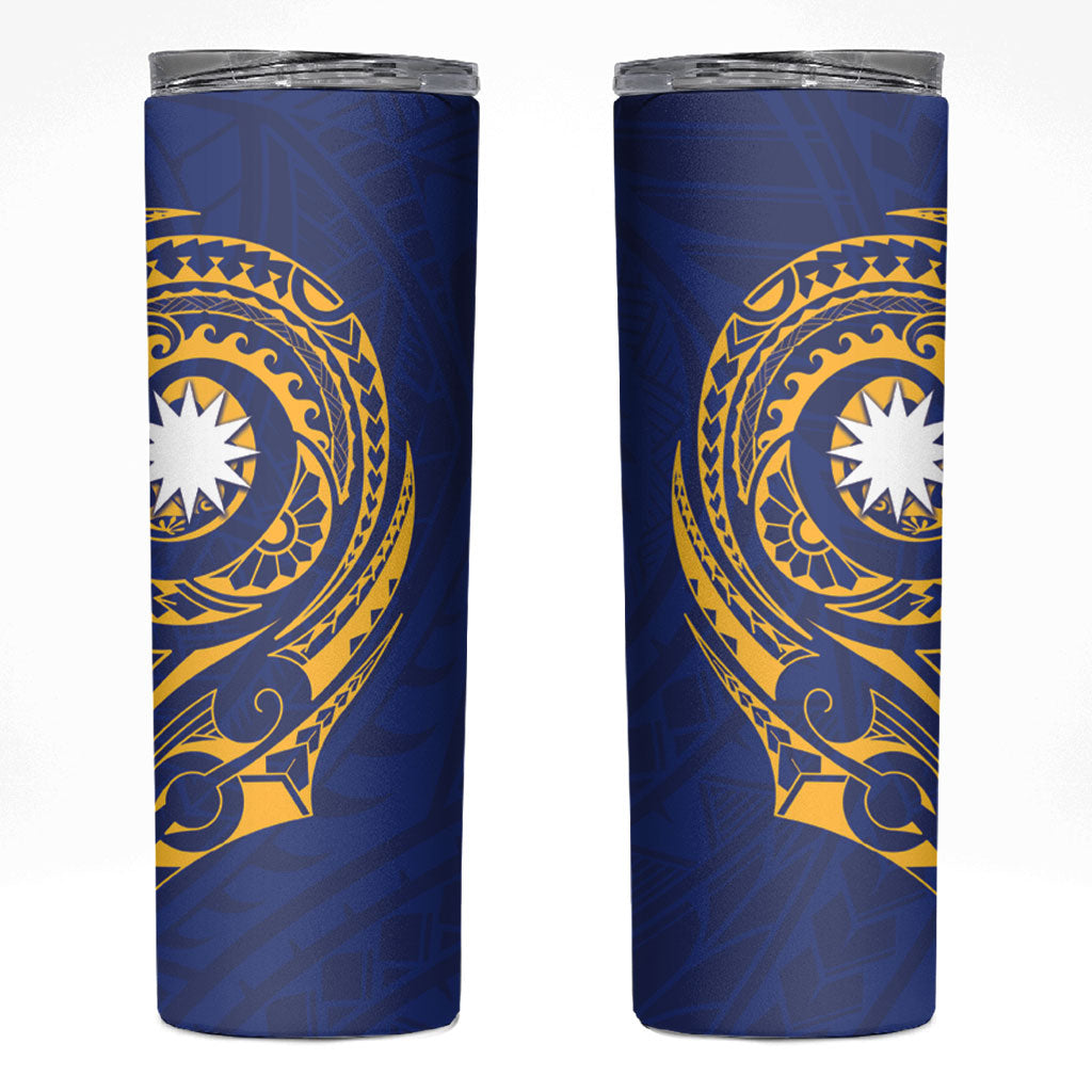 Personalised Nauru Angam Day Skinny Tumbler Gold Navy Tribal Pattern