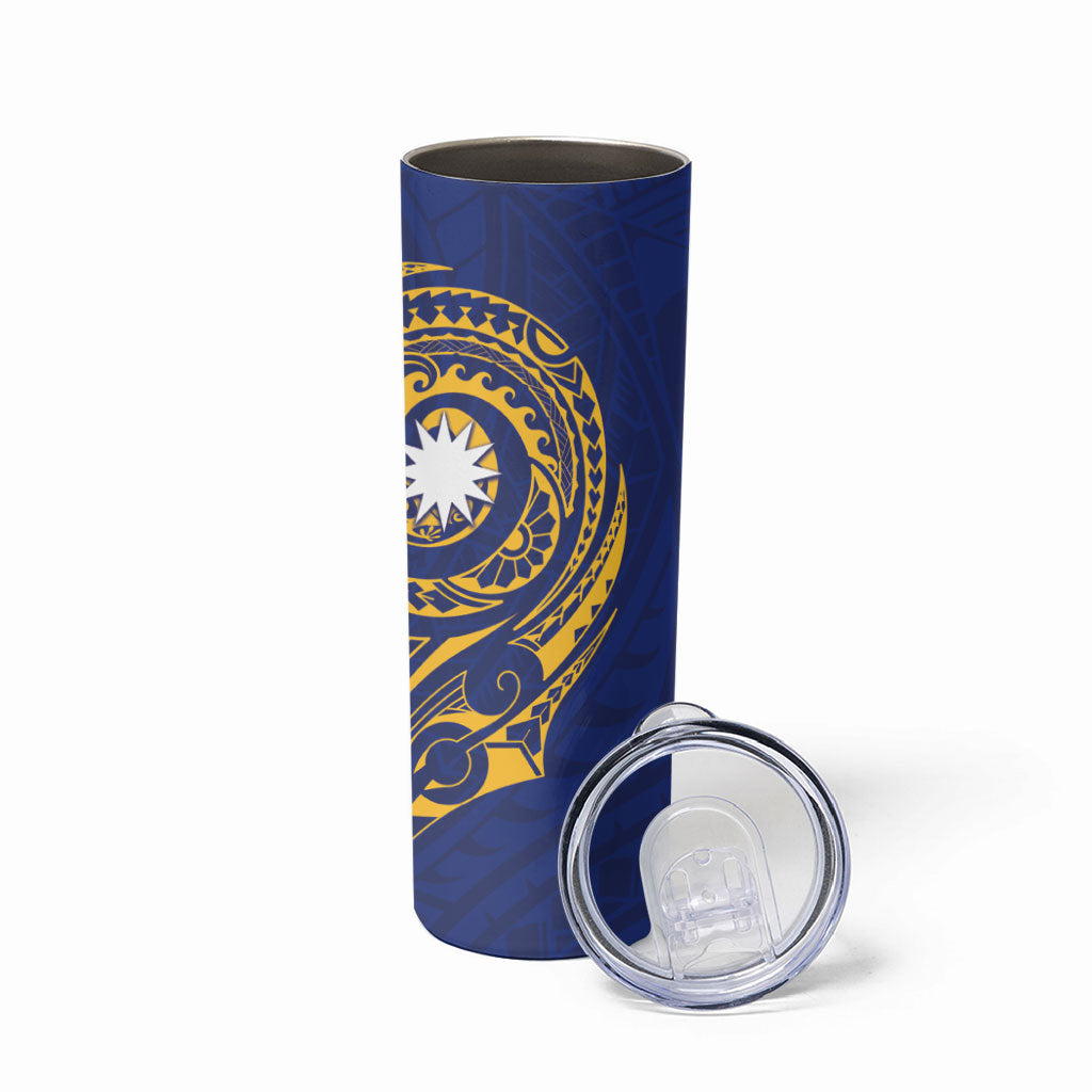 Personalised Nauru Angam Day Skinny Tumbler Gold Navy Tribal Pattern