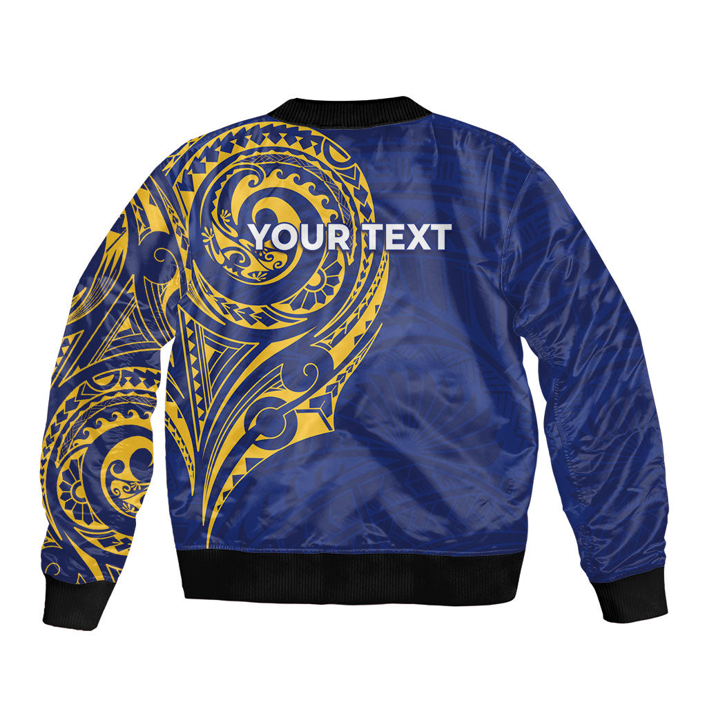 Personalised Nauru Angam Day Sleeve Zip Bomber Jacket Gold Navy Tribal Pattern