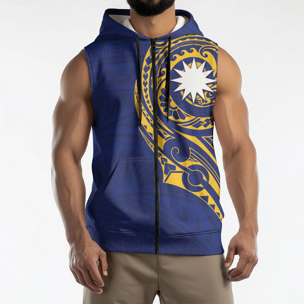 Personalised Nauru Angam Day Sleeveless Zip Hoodie Gold Navy Tribal Pattern
