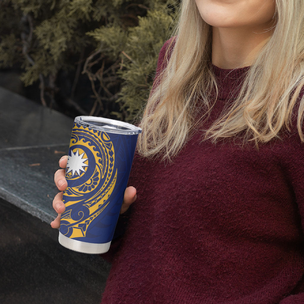 Personalised Nauru Angam Day Tumbler Cup Gold Navy Tribal Pattern