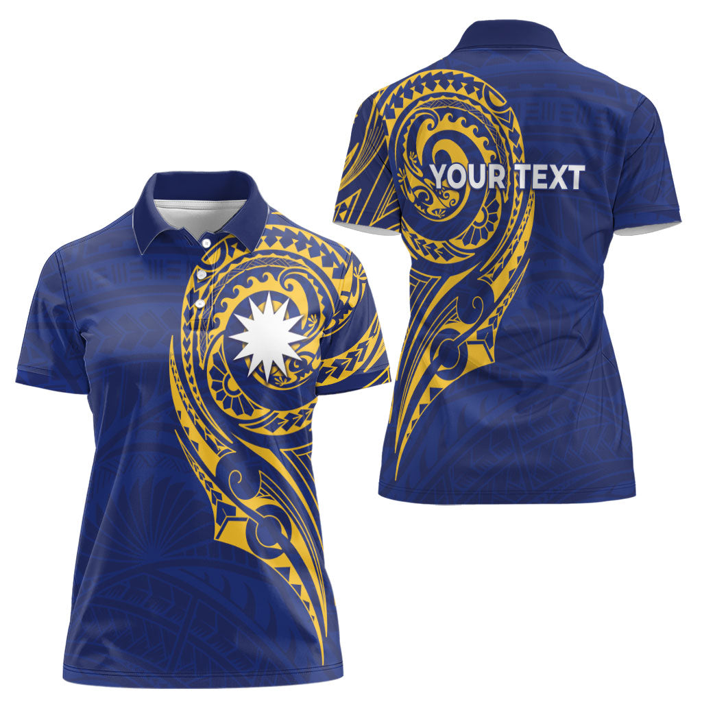 Personalised Nauru Angam Day Women Polo Shirt Gold Navy Tribal Pattern