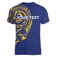 Personalised Nauru Angam Day Women V-Neck T-Shirt Gold Navy Tribal Pattern