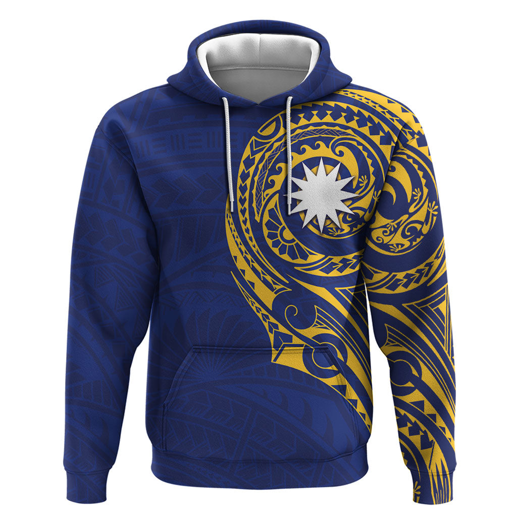 Personalised Nauru Angam Day Zip Hoodie Gold Navy Tribal Pattern