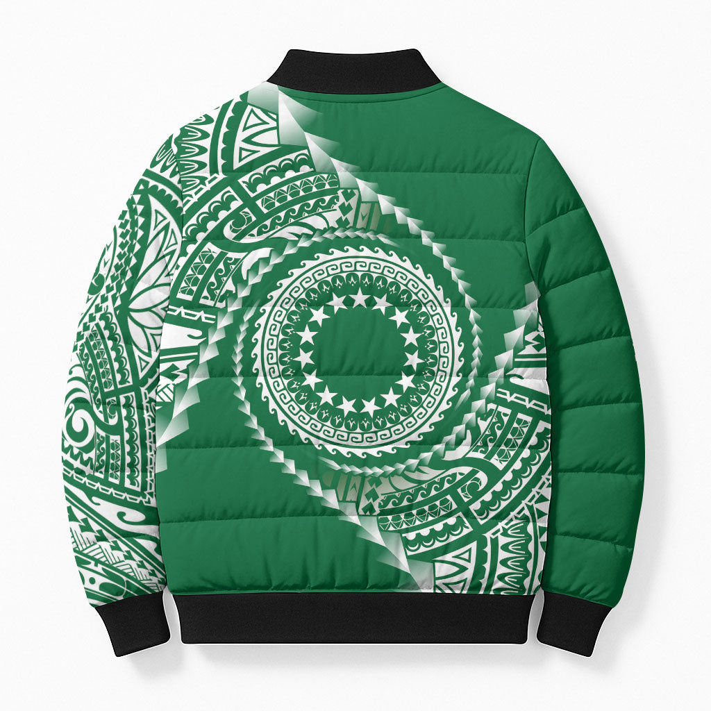 Cook Islands Gospel Day Bomber Puffer Jacket Green Tribal Curves