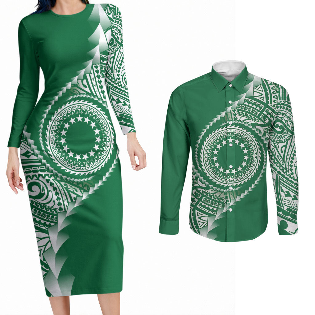 Cook Islands Gospel Day Couples Matching Long Sleeve Bodycon Dress and Long Sleeve Button Shirt Green Tribal Curves