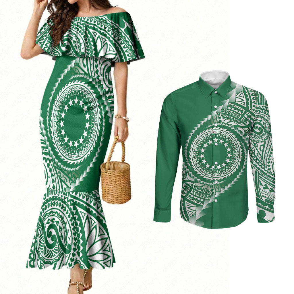 Cook Islands Gospel Day Couples Matching Mermaid Dress and Long Sleeve Button Shirt Green Tribal Curves