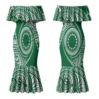 Cook Islands Gospel Day Couples Matching Mermaid Dress and Long Sleeve Button Shirt Green Tribal Curves
