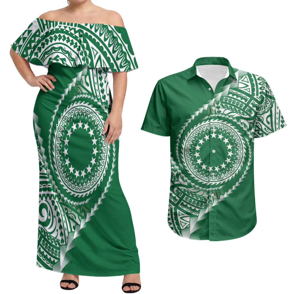 Cook Islands Gospel Day Couples Matching Off Shoulder Maxi Dress and Hawaiian Shirt Green Tribal Curves