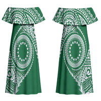 Cook Islands Gospel Day Couples Matching Off Shoulder Maxi Dress and Long Sleeve Button Shirt Green Tribal Curves