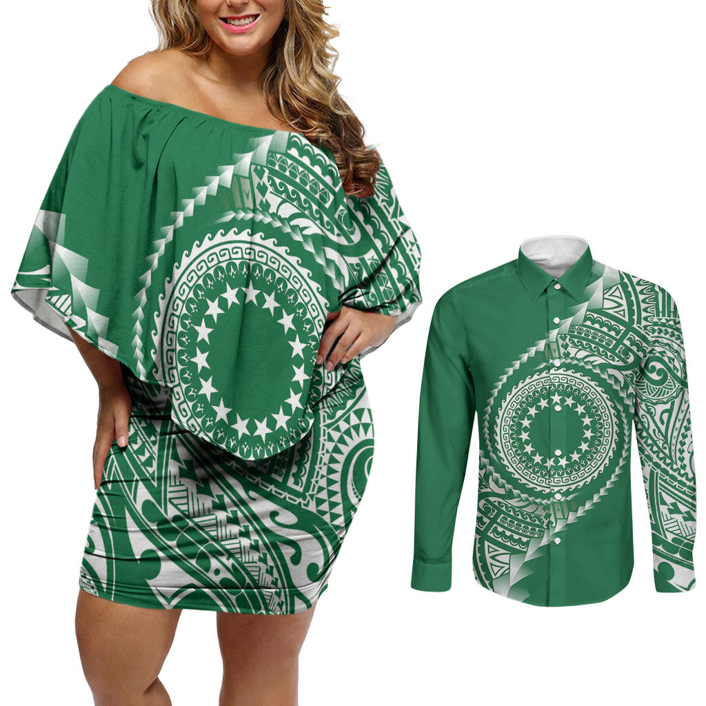 Cook Islands Gospel Day Couples Matching Off Shoulder Short Dress and Long Sleeve Button Shirt Green Tribal Curves