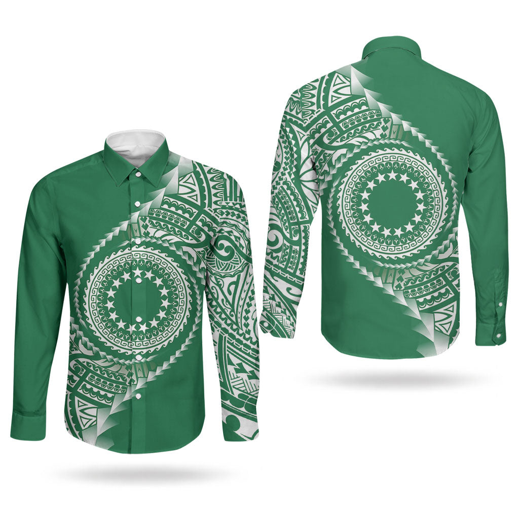 Cook Islands Gospel Day Couples Matching Off Shoulder Short Dress and Long Sleeve Button Shirt Green Tribal Curves
