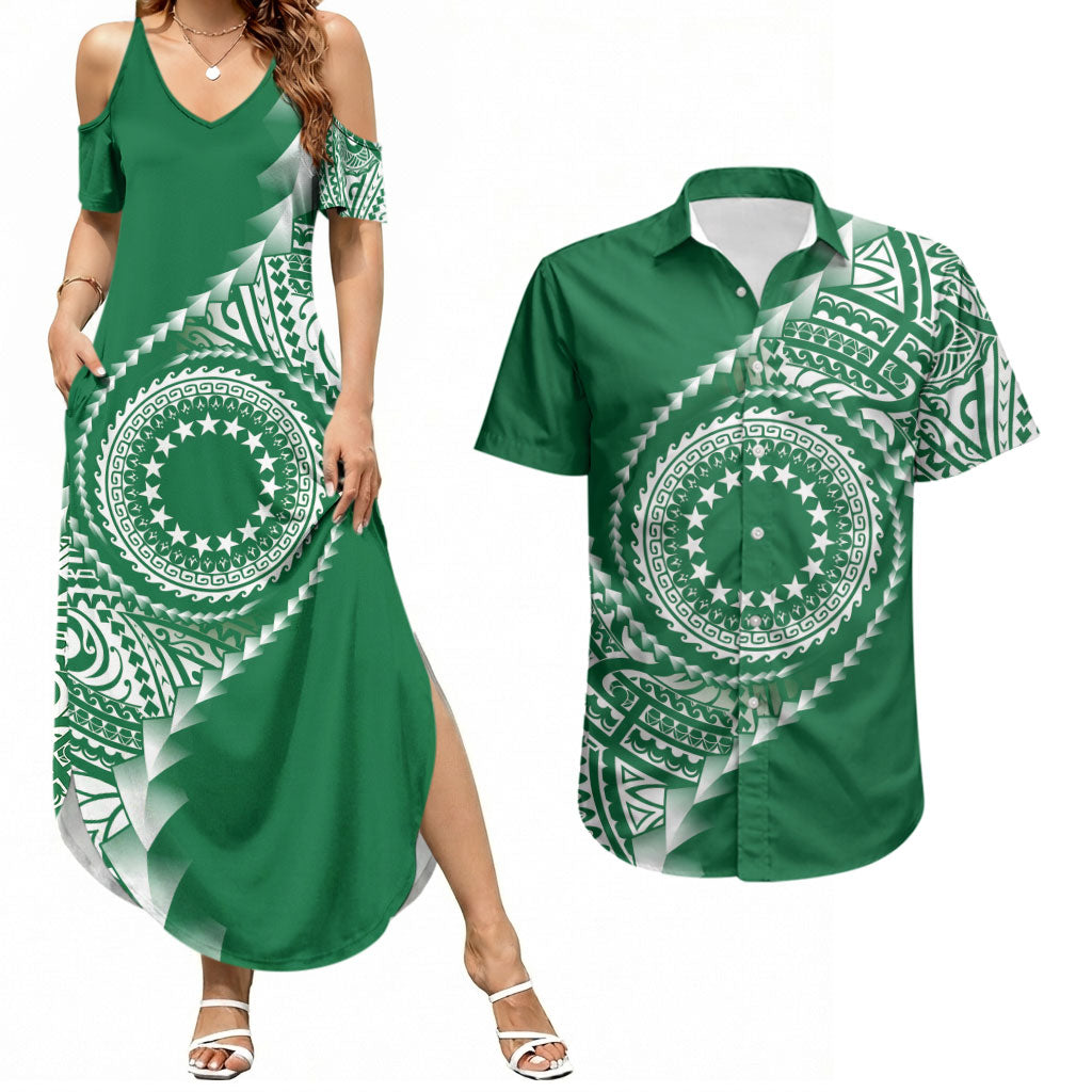 Cook Islands Gospel Day Couples Matching Summer Maxi Dress and Hawaiian Shirt Green Tribal Curves